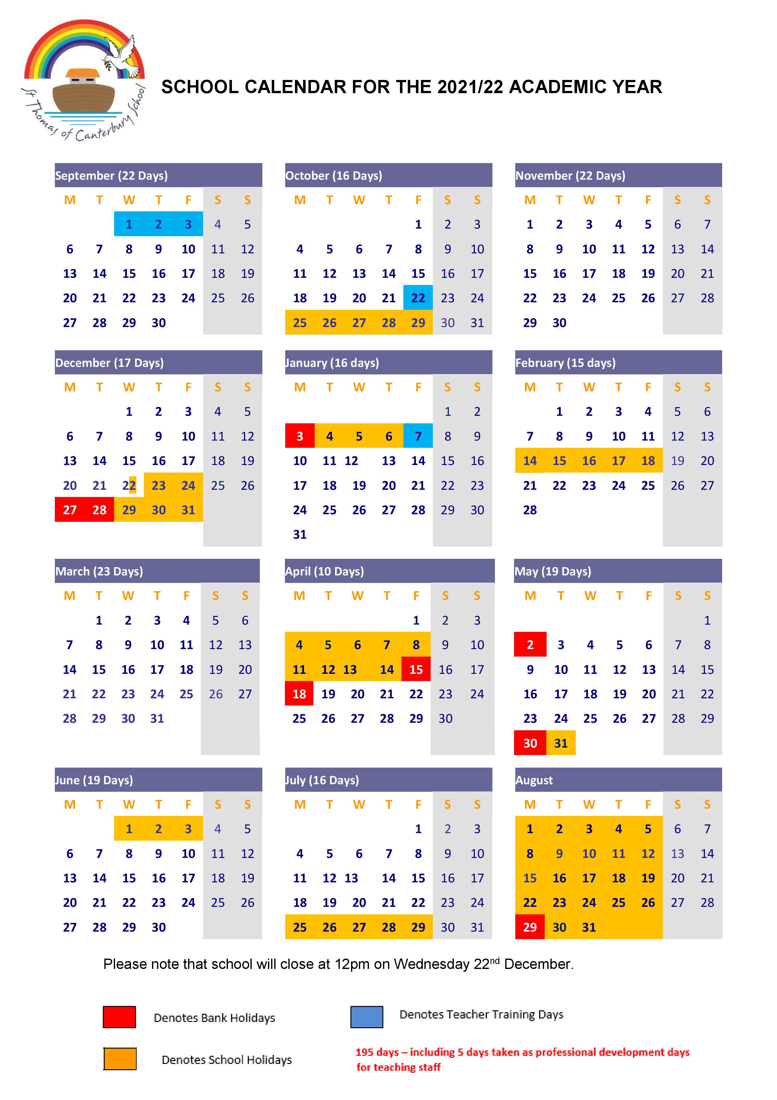 Term Dates For 2021 22 St Thomas Of Canterbury School